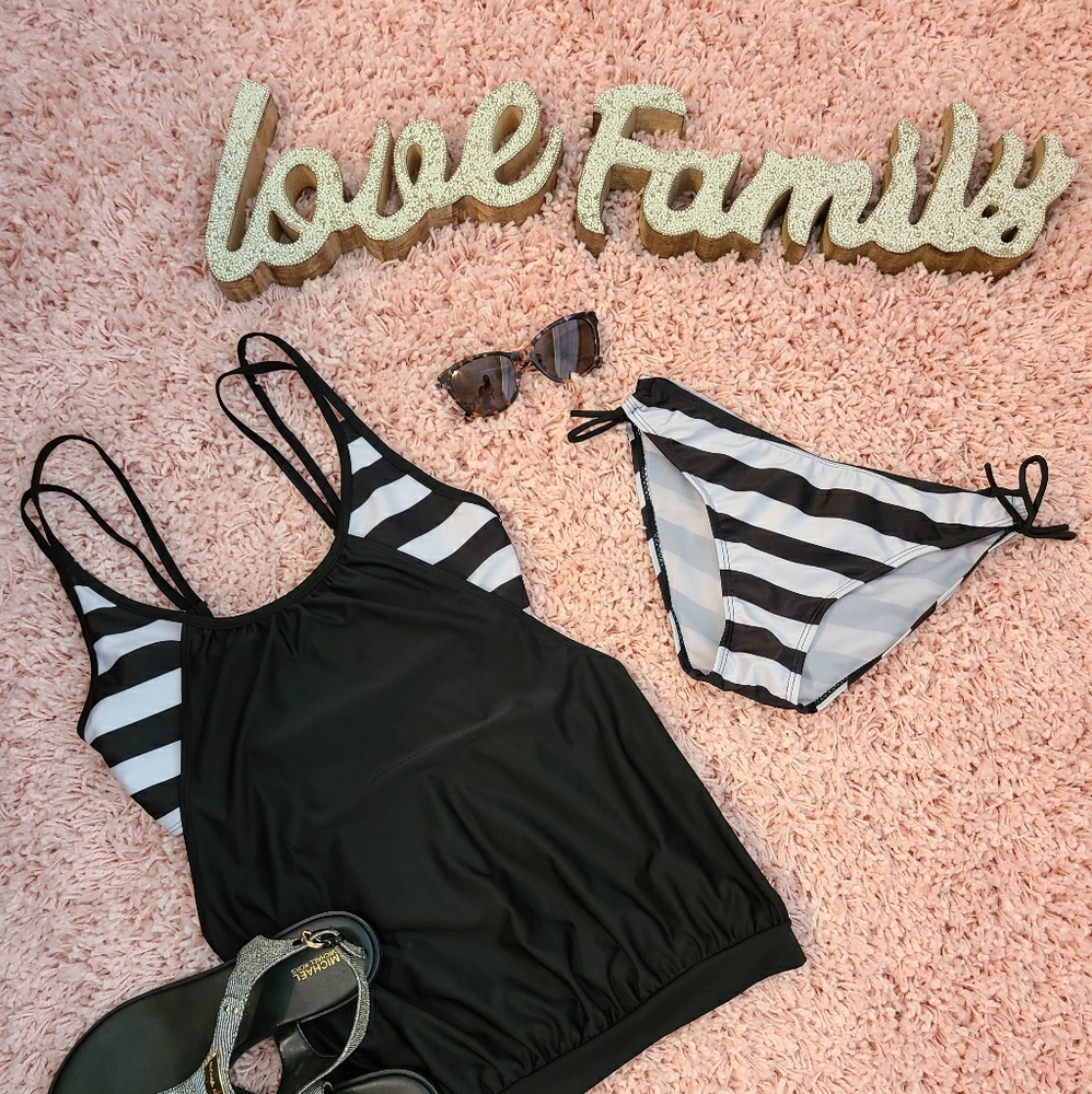 Cute Black & White Striped Unique Swimsuit.